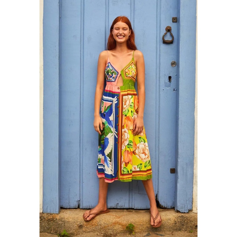 Farm Rio Blue Pink Parrot Yellow Green Floral Scarf Midi Dress NWT Small - Picture 4 of 5